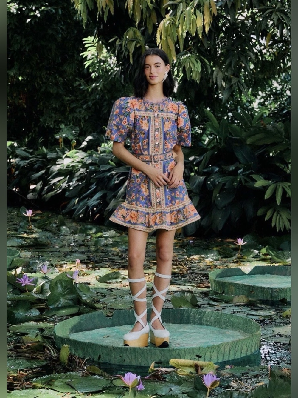 FARM RIO
Floral-print cotton poplin mini dress with belt, size S